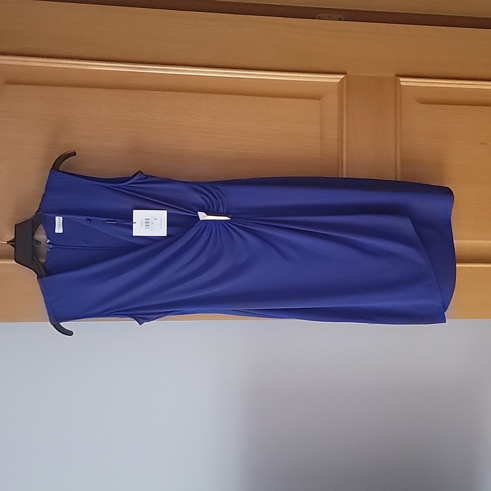 Calvin Klein V-Neck Sleeveless Faux Wrap Dress with Gold Buckle - Cobalt Blue